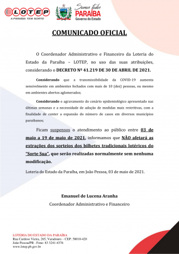 COMUNICADO OFICIAL - DECRETO Nº 41.219 DE 30 DE ABRIL DE 2021