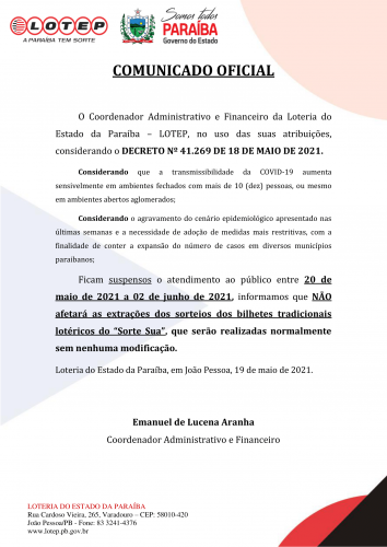 COMUNICADO OFICIAL - DECRETO Nº 41.269 DE 18 DE MAIO DE 2021