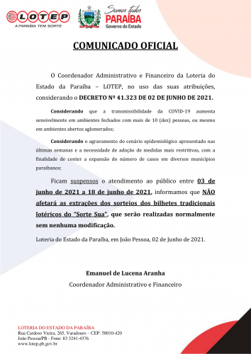 COMUNICADO OFICIAL - DECRETO Nº 41.323 DE 02 DE JUNHO DE 2021