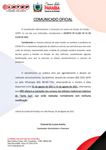 COMUNICADO OFICIAL - DECRETO Nº 41.461 DE 31 DE JULHO DE 2021
