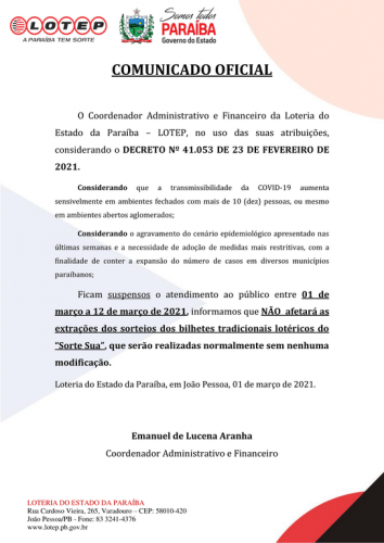 COMUNICADO OFICIAL -  Nº 41.053 DE 23 DE FEVEREIRO DE 2021
