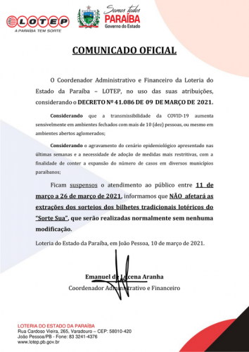 COMUNICADO OFICIAL -  DECRETO Nº 41.086 DE 09 DE MARÇO DE 2021